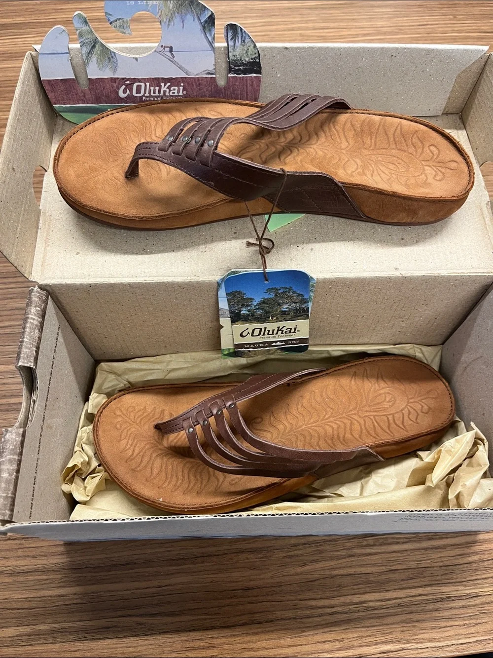 OluKai Women’s Brown Leather Strappy Toe-Post Sandals